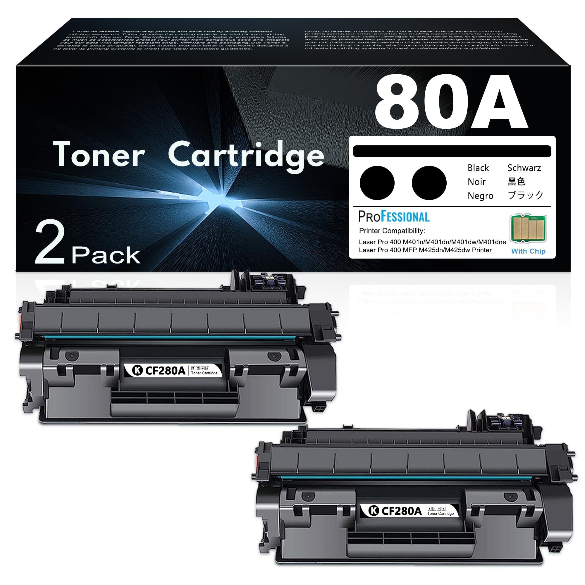 Photo 1 of CF280A 80A Toner Cartridge Black High Yield, Replacement for HP 80A CF280AD1 Works with Laser Pro 400 M401n, M401dn, M401dw, M401dne, M425dw; Laser Pro 400 MFP M425dn Printer Cartridge | CF280A-2PK