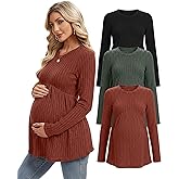 Cutecrop 3 Pack Women's Maternity Shirts Ribbed Long Sleeve Pregnancy Tops Crew Neck Maternity Sweaters Pregnant Clothes