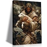 Jesus and the Lamb Canvas Wall Art Jesus Saves the Lost Sheep Christian Image Wall Decor Shepherd Protecting Sheep from Wolves Painting Poster Print Artwork Suitable for Living Room Bedroom and Church 12x16in