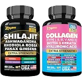 Zoyava Wellness Duo - Shilajit, Ashwagandha, Rhodiola Rosea, Panax Ginseng, Ginkgo Biloba, Cordyceps Mushroom, Turmeric, &amp; Collagen Types I II III V X, Biotin, Keratin, Hyaluronic Acid, Quercetin