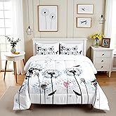 Dragonfly Dandelion Comforter Set Queen Size,Colorful Animals Plants Bedding Quilt for Kids Girls Woman Adult Room Decor,Nature Spring Garden Bedspread White Boho Duvet Insert,2 Pillowcases