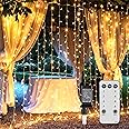 Brightown 300 LED Curtain String Lights, 9.8 FT Hanging Fairy Lights with Remote, 8 Modes, Connectable Waterproof Window Lights for Bedroom Backdrop Wedding Outdoor Christmas Party, Warm White