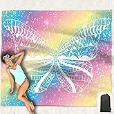 Hiwoss Beach Blanket Waterproof Sandproof Oversized 95”x 80”,Sand Free Beach Mat with Corner Pockets,Portable Mesh Bag for Travel and Outdoor Camping (EthnicButterfly)