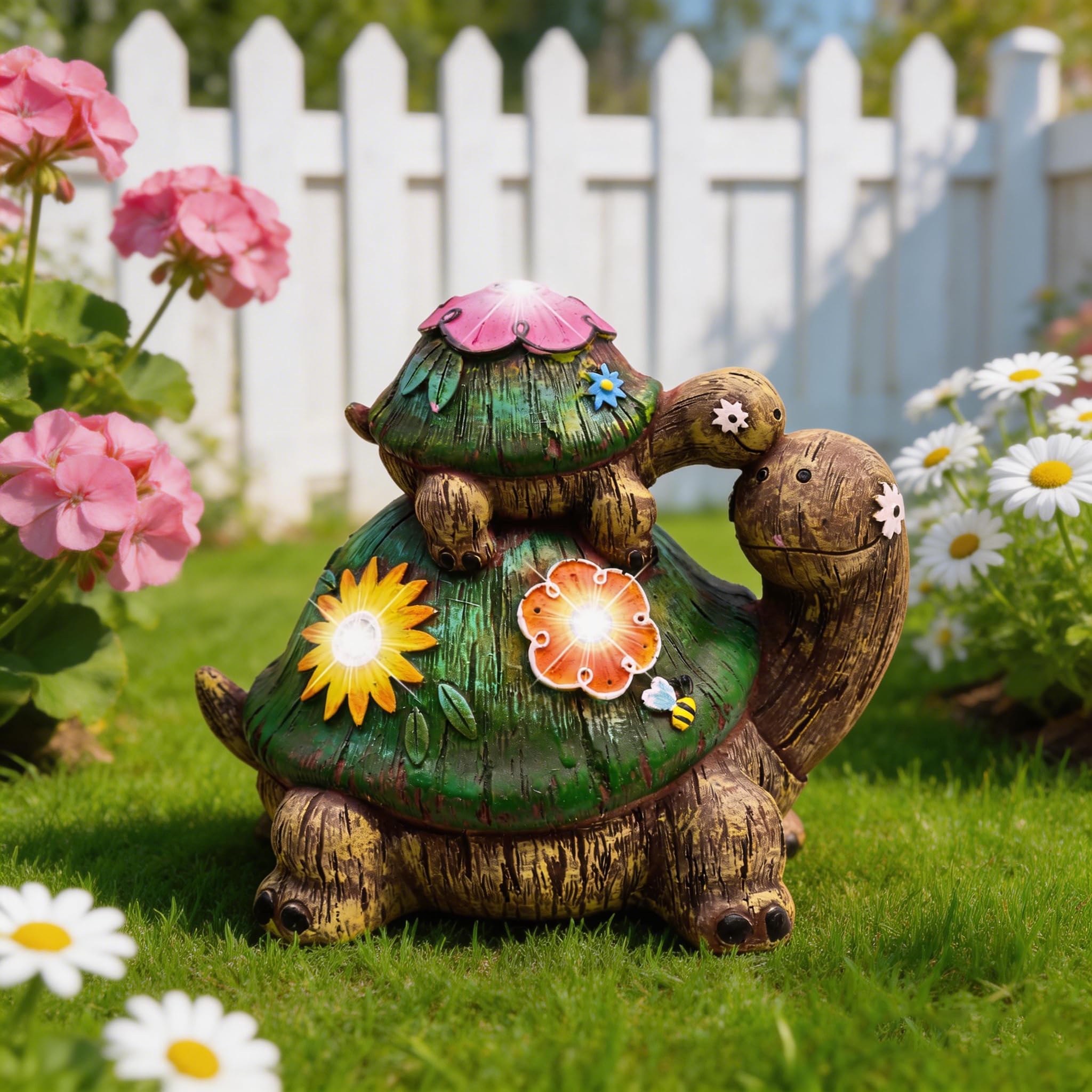 TERESA'S COLLECTIONS Garden Decor, Turtles Garden Decor, Family Tortoises with Solar Light, Waterproof Resin Garden Statue, Turtles Gifts Birthday Gifts for Women Mom, 7"