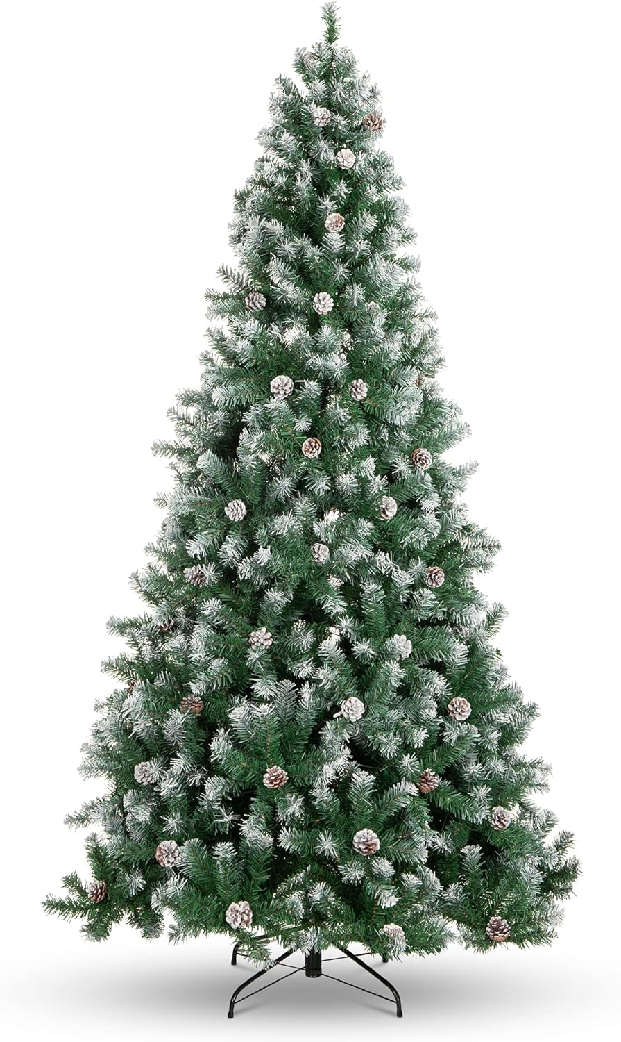 Trees - Best Choice Products 7.5ft Pre-Decorated Holiday Christmas Tree for Home, Office, Party Decoration w/ 1,346 PVC Branch Tips, Partially Flocked Design, Pine Cones, Metal Hinges & Base - Green/White