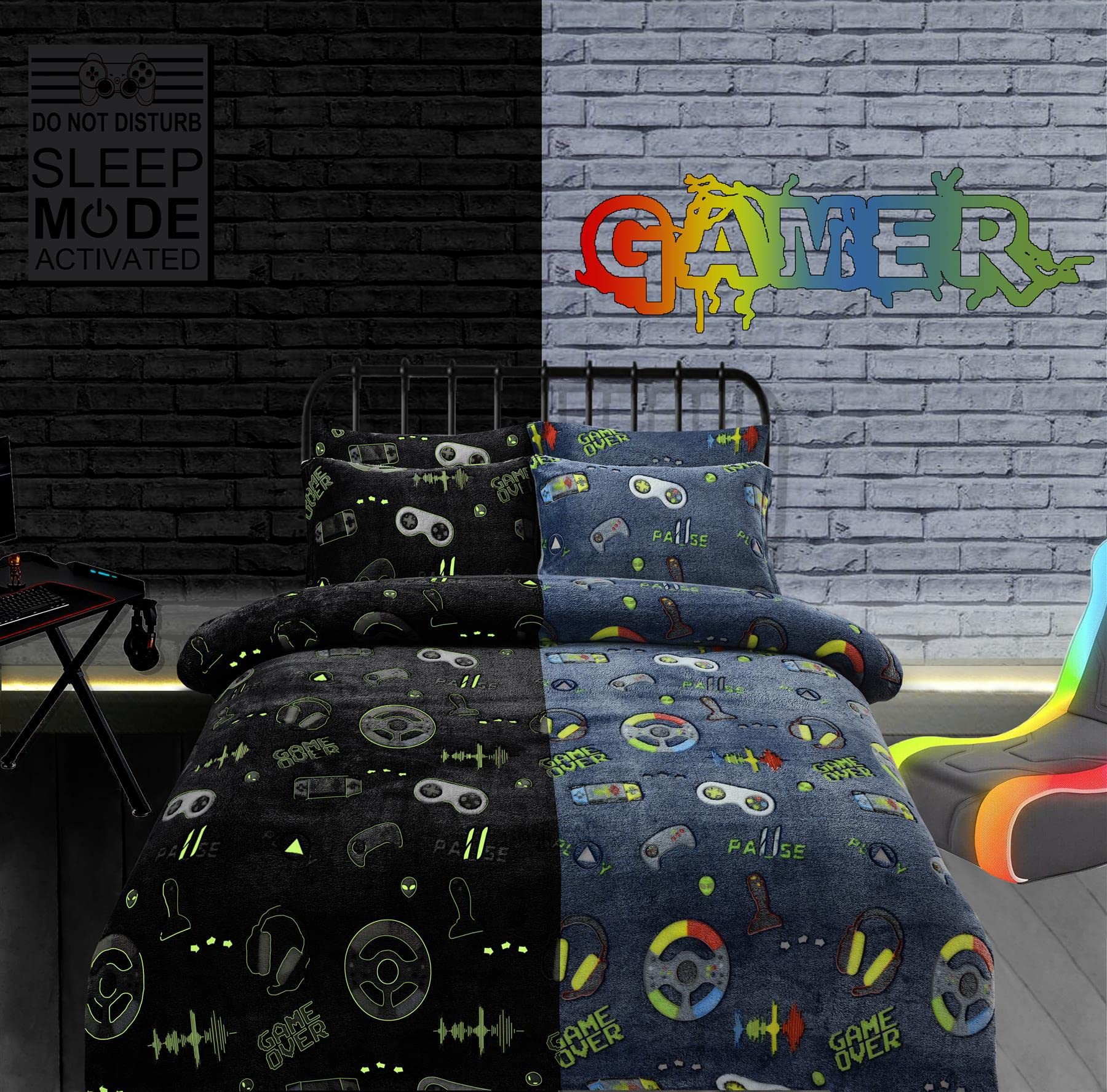 Olivia Rocco Glow In The Dark Teddy Fleece Duvet Cover Sets Soft Warm Kids Bedding Childrens Quilt Covers Set, Gamer Double
