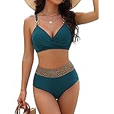 BMJL Womens High Waisted Bikini Sets Tummy Control Colorblock Swimsuits Modest Metal Two Piece Bathing Suit