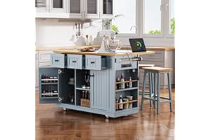 Yayzy 53” Rolling Kitchen Island with Drop Leaf & Power Outlet, Mobile Cart with 5 Open Shelves & Towel Rack, Grey Blue