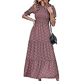 BTFBM Women Casual Summer Dresses 2026 Spring Crew Neck Ruffle Short Sleeve Smocked Floral Boho Flowy Maxi Dress Clothes