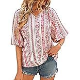 IEEILULU Summer Boho Tops for Women Casual V Neck Women Blouses Tunic Floral Print Beach Vacation Shirts