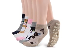 WANZHIHUI Non Slip Grippy Socks for Women Girls 5 Pack Cute Cat Grip Socks Pilates Slippers Footies for Yoga Barre Hospital