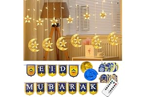 TW SHINE Ramadan Decorations Star Moon Curtain String Lights,138 LED Mubarak Ramadan Lights with Remote 8 Modes and Ramadan Banner for Eid Al-fitr Party Supplies (USB)