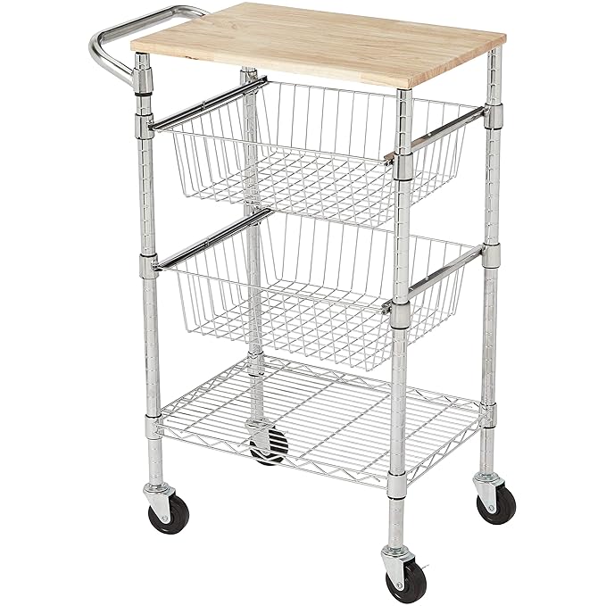 AmazonBasics 3Tier Metal Basket Rolling Cart with Wood Top Amazon.in