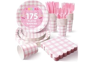 Vyntra 175 PCS Light Pink Gingham Disposable Tableware Set | 7-inch & 9-inch Plates, Napkins, Cups, Forks, Spoons, Knives for