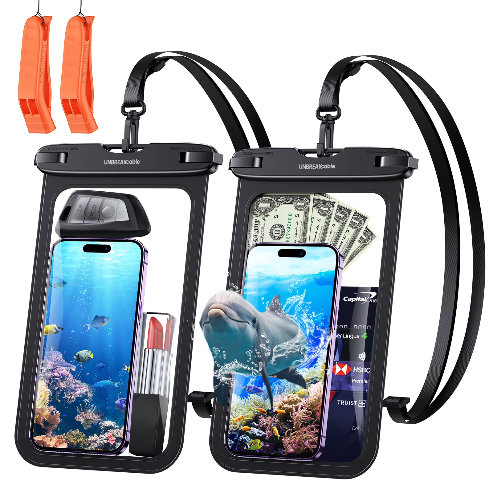 Photo 1 of  *** pack pf***2***UNBREAKcable Large Waterproof Phone Pouch-2 Pack IPX8 Waterproof Phone Case for iPhone 16 15 14 13 12 11 Pro Max & Samsung S25 S24 S23-Dry Bag & Travel Essentials for Beach, Pool, Kayak & Cruise-9"