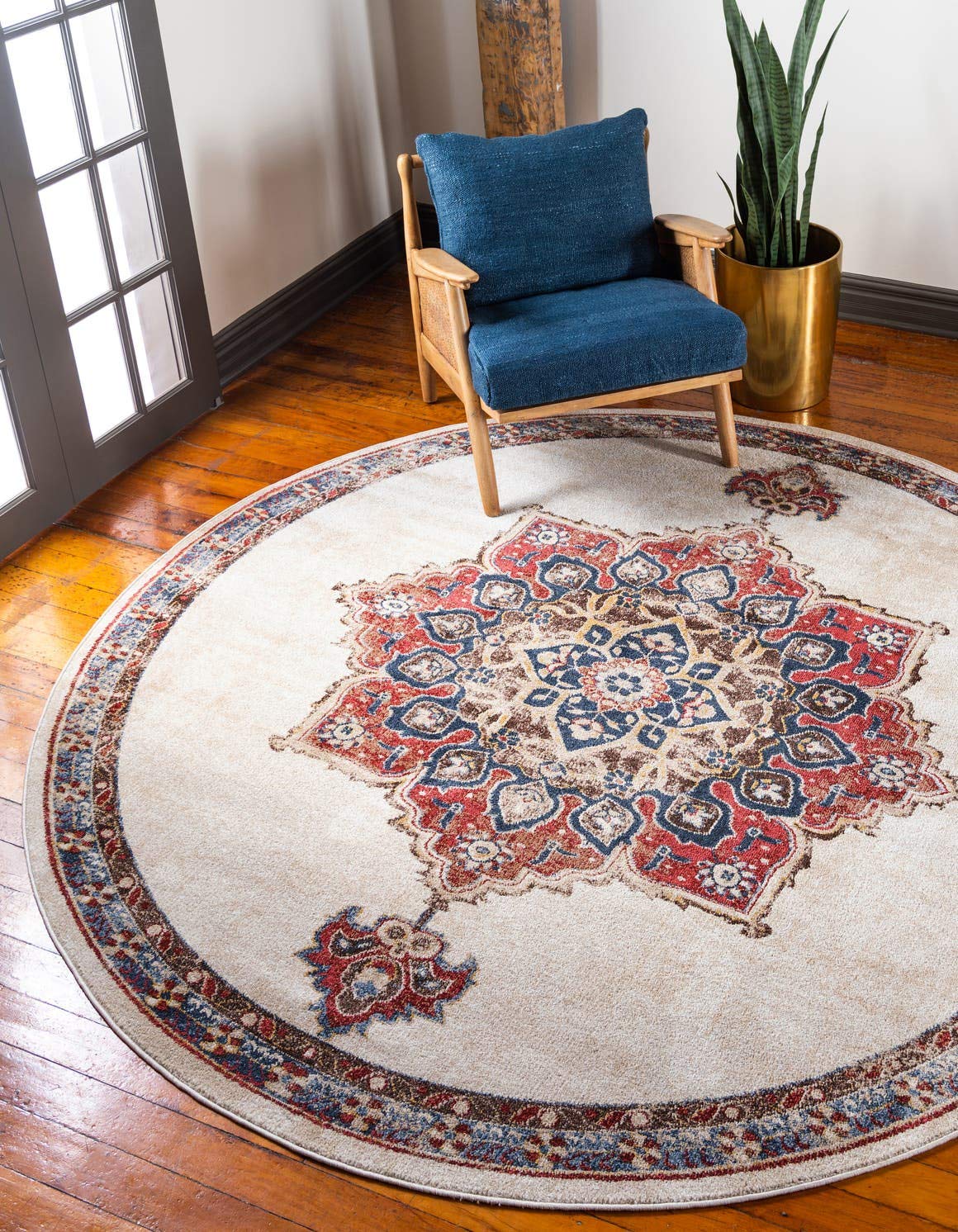 Unique Loom Utopia Collection Traditional Classic Vintage Inspired Area Rug with Warm Hues, 4' Round, Cream/Blue Image