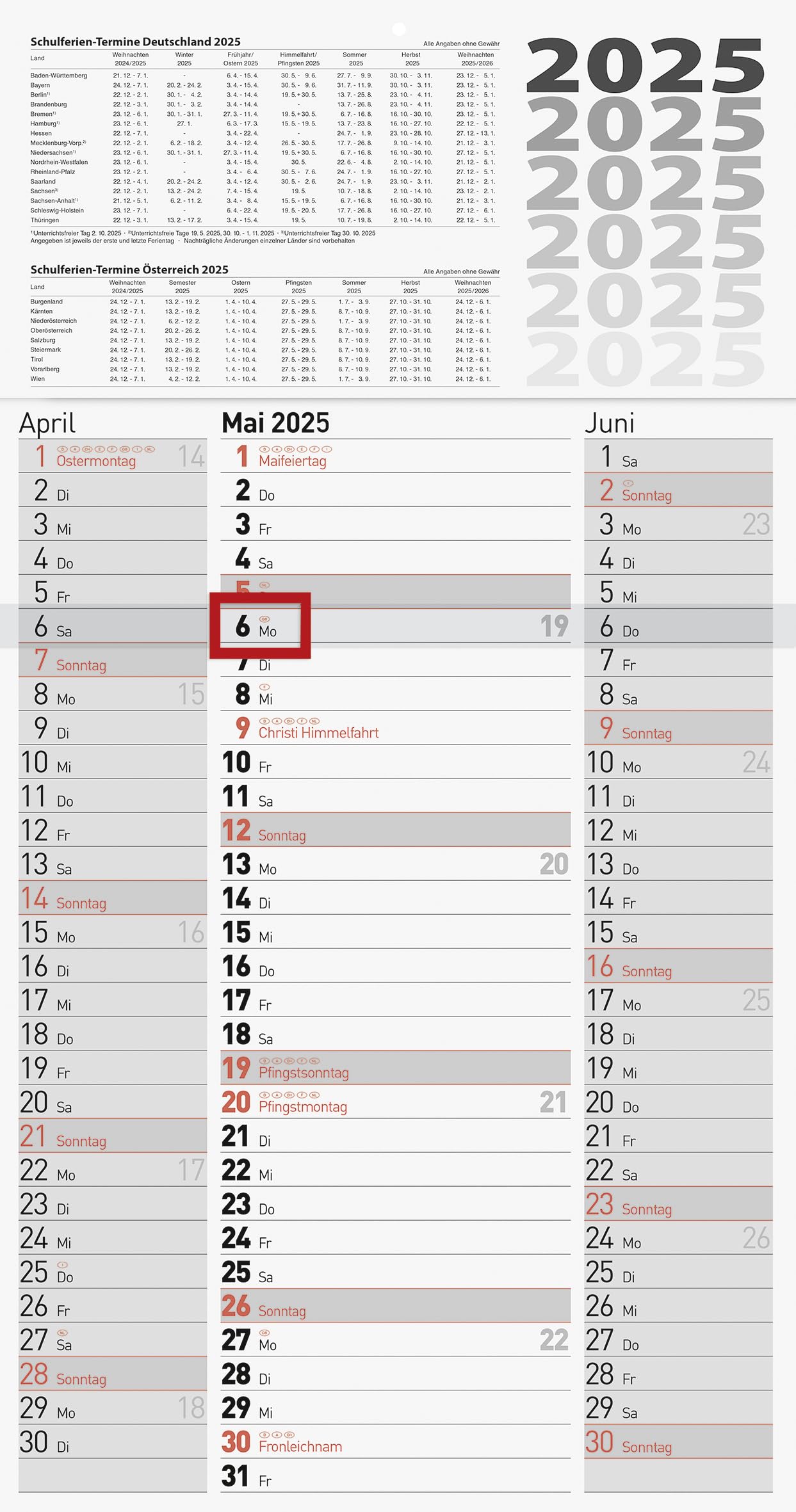 BRUNNEN 3-Month Calendar 2025, Grey, 300 x 560 mm