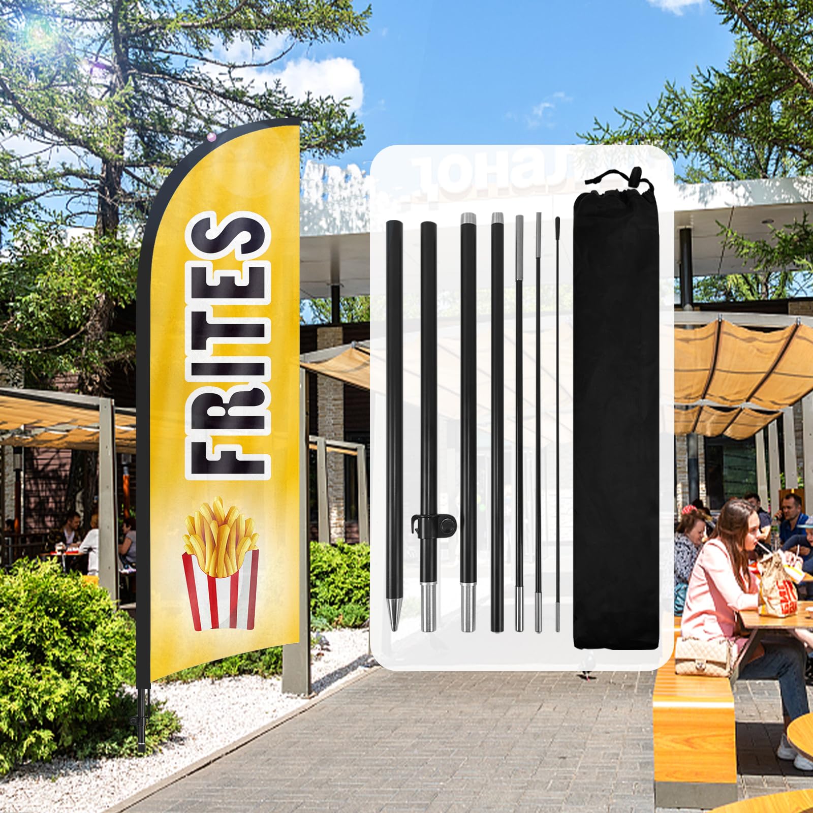 QSUM Frites Feather Flag,8FT Frites Advertising Swooper Flag with Pole Kit, Ground Spike, Frites Signs for Businesses and Storefronts