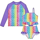 Funnycokid Girls Swimsuit Kids Bathing Suit 3-7 Years Rashguard Swimwear Long Sleeve 3 Piece Toddler