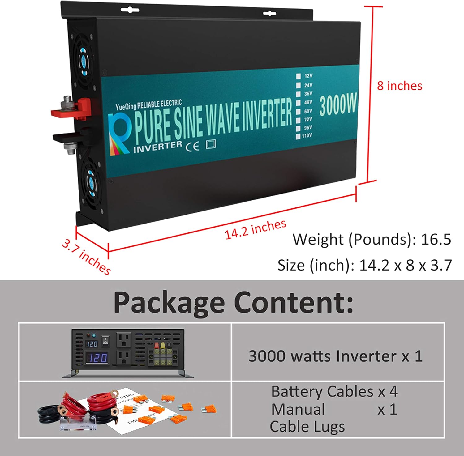WZRELB 3000watt Pure Sine Wave Inverter 12V DC to 120V AC 60HZ with LED Display Car Inverter Generator (RBP300012B1): Electronics