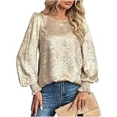 SOLY HUX Women's Lantern Long Sleeve Blouse Crew Neck Shirred Dressy Casual Business Work Shirt Tops