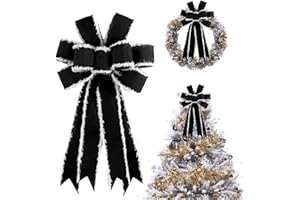 JARGEBUR Christmas Tree Topper Bow Large Black Wreath Bow, Burlap with White Polyester Edge Gift Bow for Party Holiday Home Indoor Outdoor Decoration