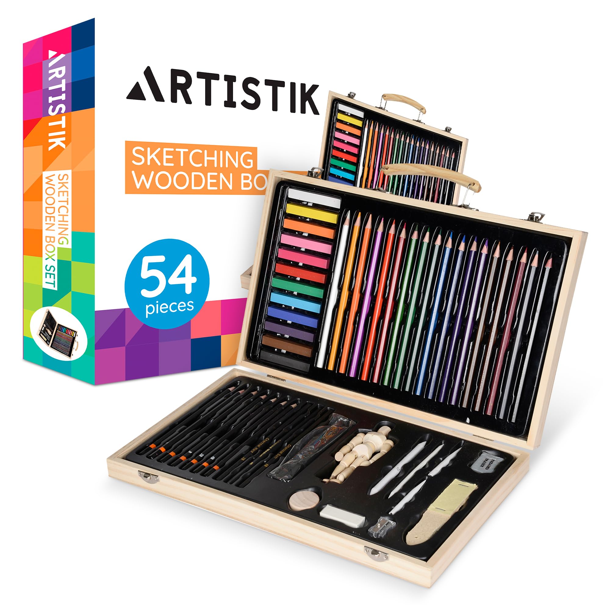 ARTISTIK Sketching Wooden Box Art Set with Mannequin – 54-Pc Portable Art Kit with Coloring & Sketching Pencils and Artist Accessories for Professionals & Beginners