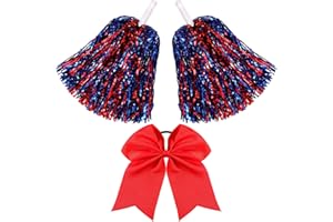 Hanaive 3 Pcs Cheerleading Pom Poms and Large Cheerleader Hair Bow Metallic Foil Cheerleader Pompoms Cheer Supplies for Dance Squad Rooters Sport Team Accessories