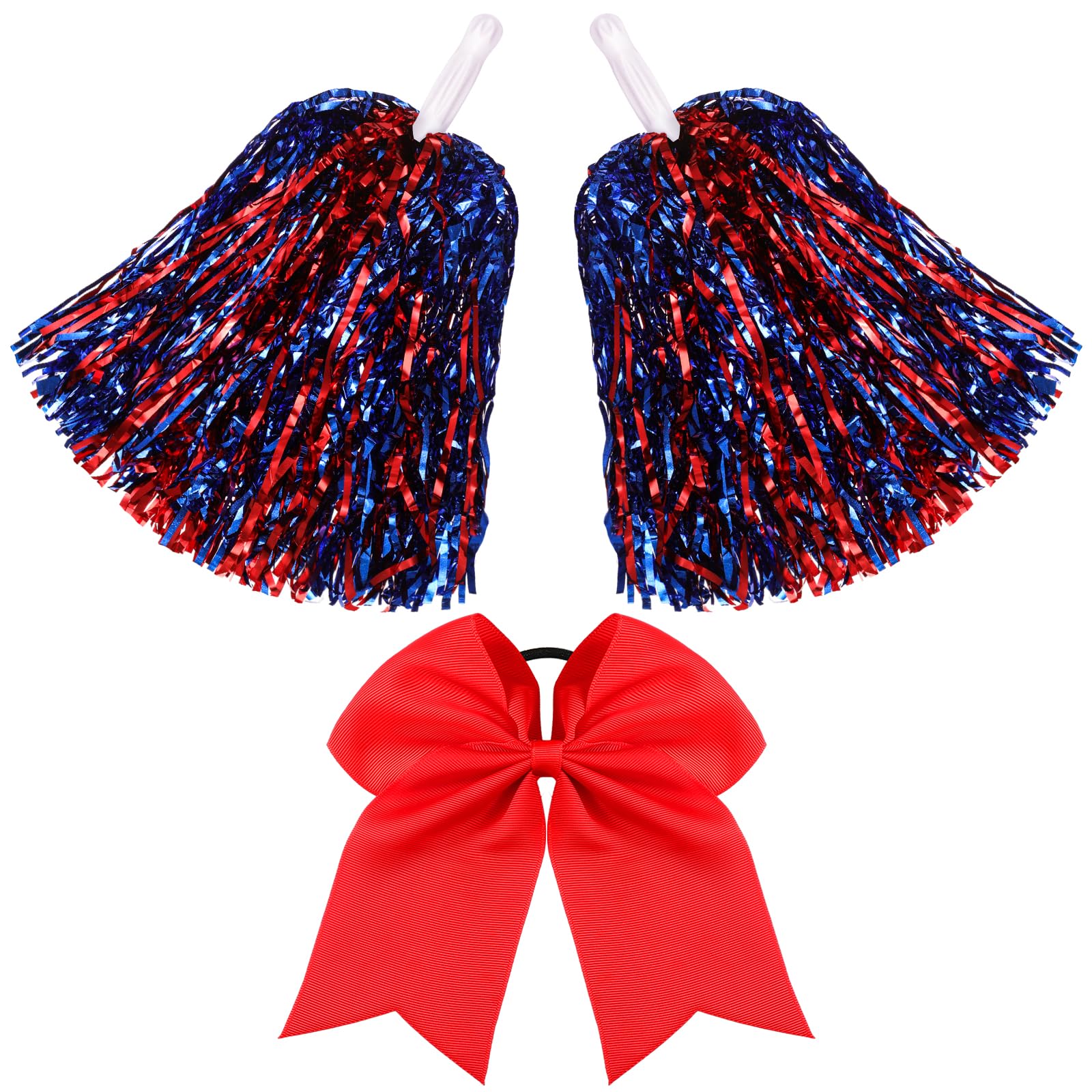 Photo 1 of Hanaive 3 Pcs Plastic Cheerleading Pom Poms and Large Cheerleader Hair Bow Cheer Supplies for Dance Squad Sport Rooters Accessories(Red Blue)