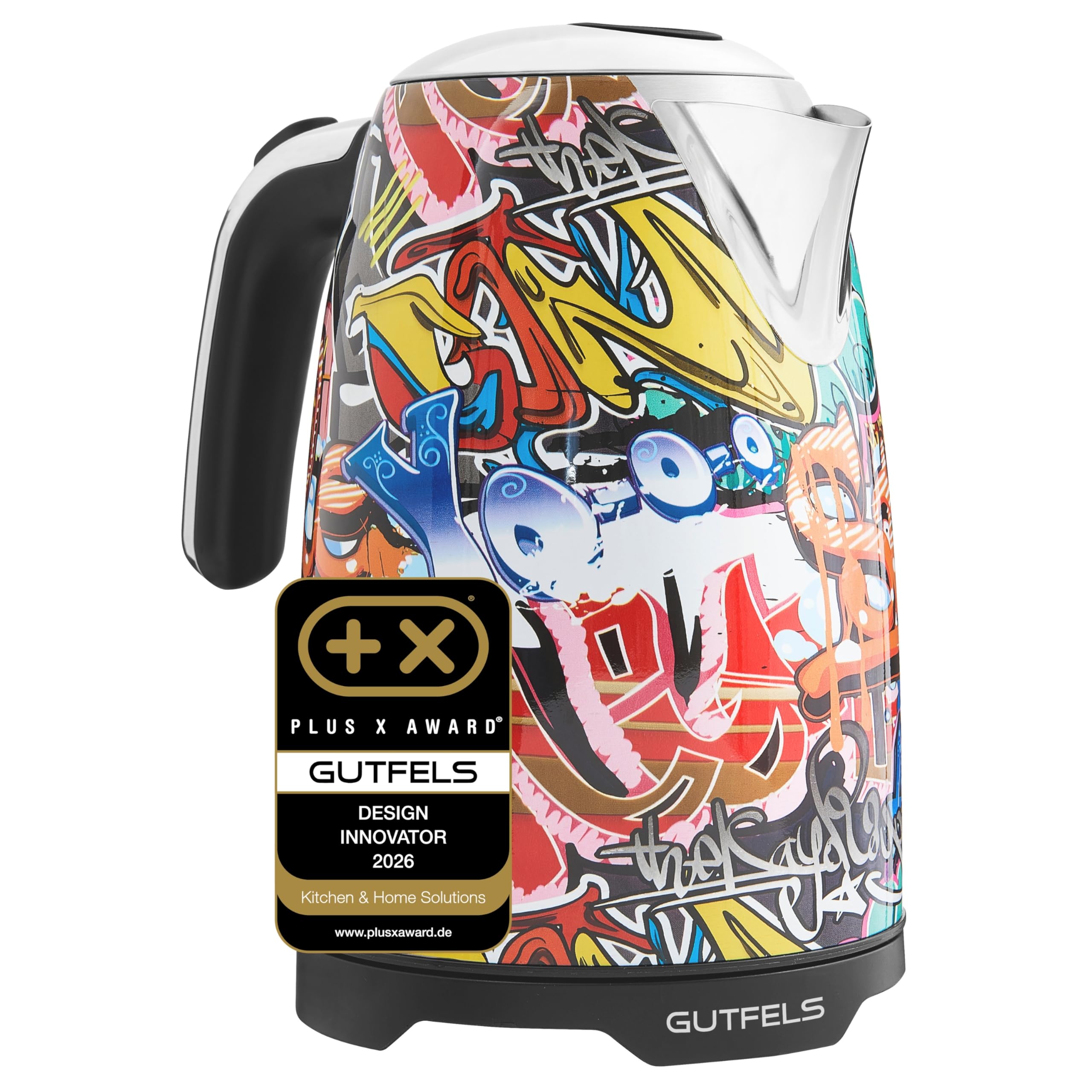 GUTFELS Wasserkocher Bunt WATER 3010 G – Graffiti-Style Design, 1,7 Liter, 2200 Watt, Kalkfilter, Uberhitzungsschutz, Trockengehschutz, 360-Grad-Sockel