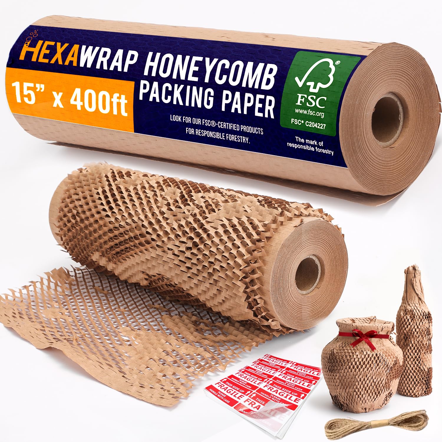 Honeycomb Packing Paper 15" x 400ft with Rope & 20 Fragile Stickers|Shipping & Moving Supplies|Small Business Packaging Supplies|Eco Friendly Bubble Wrap Packing Boxes for Moving Certified FSC C204227 Image