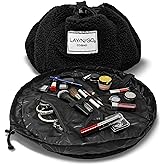 Lay-n-Go Cosmo Drawstring Cosmetic & Makeup Bag Organizer - Portable Drawstring Makeup Bag w/Zipper Pocket, Makeup Loops & More - Durable, Machine Washable Toiletry Bag (20", Comfort/Black Sherpa)