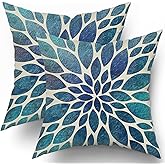aportt Spring Teal Dahlia Pillow Covers 16X16 in Navy Blue Teal Floral Couch Pillow Cases Modern Abstract Throw Pillows Set of 2 Summer Home Decor for Living Room Bedroom Bed Cushion Outdoor