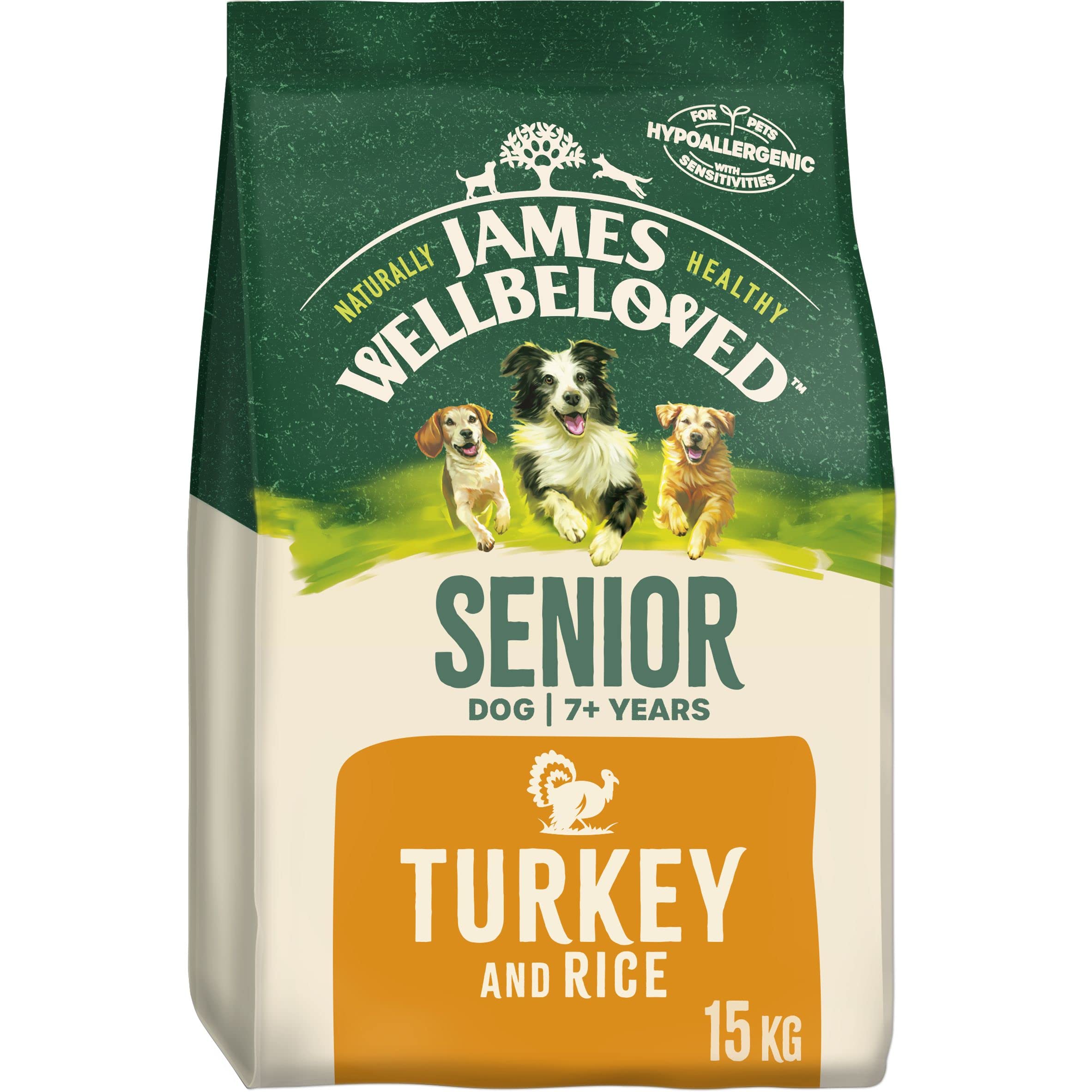 JAMES WELLBELOVED - Hypoallergenic Senior Dry Dog - 15 kg - Food Turkey & Rice - Bulk Dog Food Pack