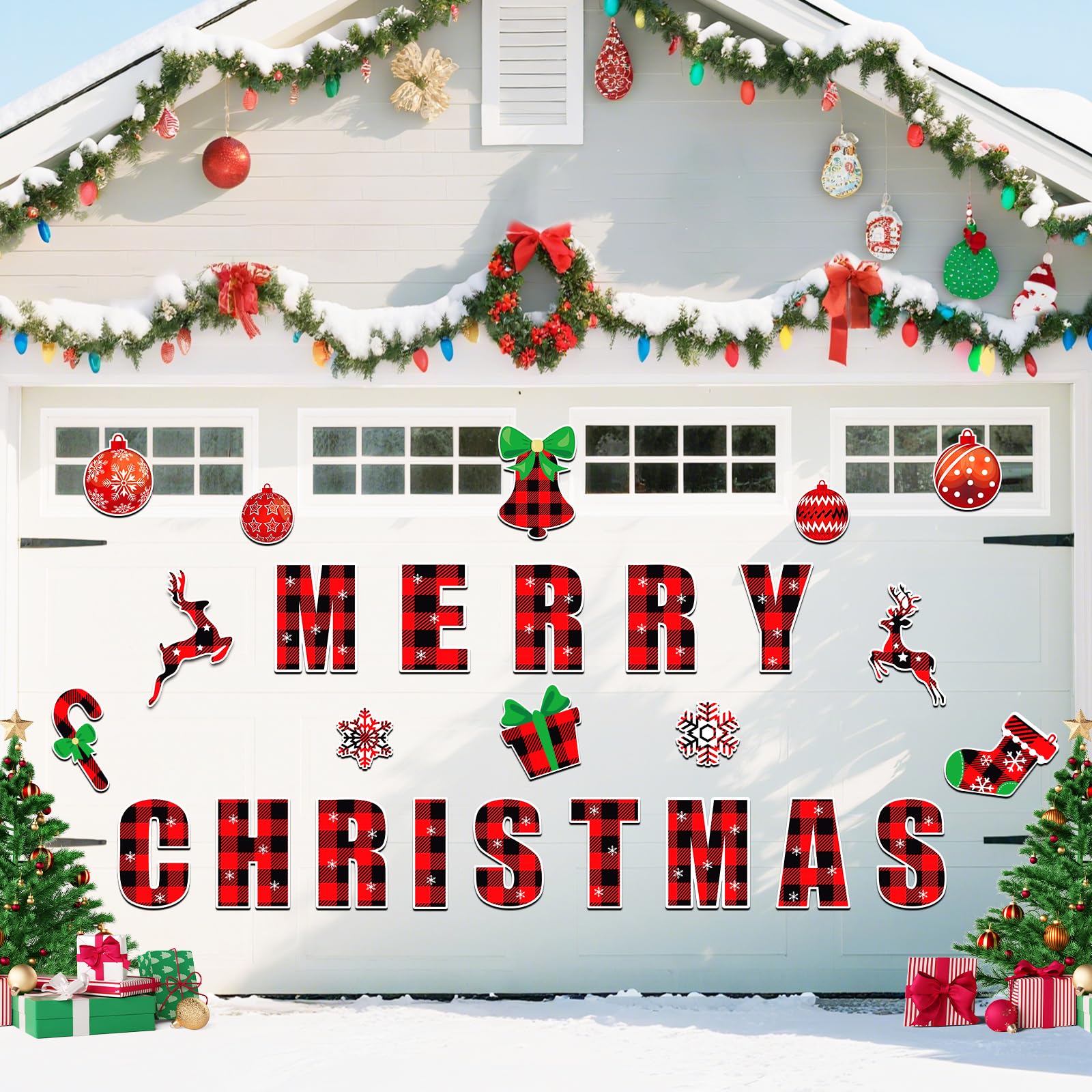 Photo 1 of 9-Inch Christmas Garage Door Magnets Decorations, 26pcs Merry Christmas Garage Magnetic Decorations, Reflective Xmas Car Magnetic Murals, Reusable Outdoor Holiday Decorative Stickers