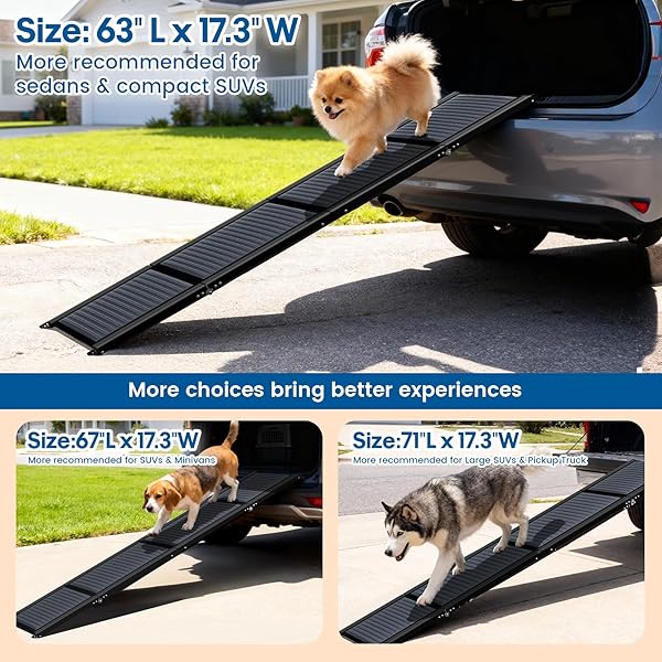 HBTOWER 63″ LONG & 17.3″ WIDE FOLDING DOG RAMP FOR CAR, SUV & TRUCK – PORTABLE PET RAMP WITH NON-SLIP SURFACE, EXTRA WIDE STEPS FOR LARGE DOGS UP TO 250LBS