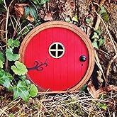 Red Fairy Garden Door for Tree, Fairy Doors for Trees Outdoor & Tree Trunk, Mini Fairy Garden Sculpture Lawn Ornament Decor, 