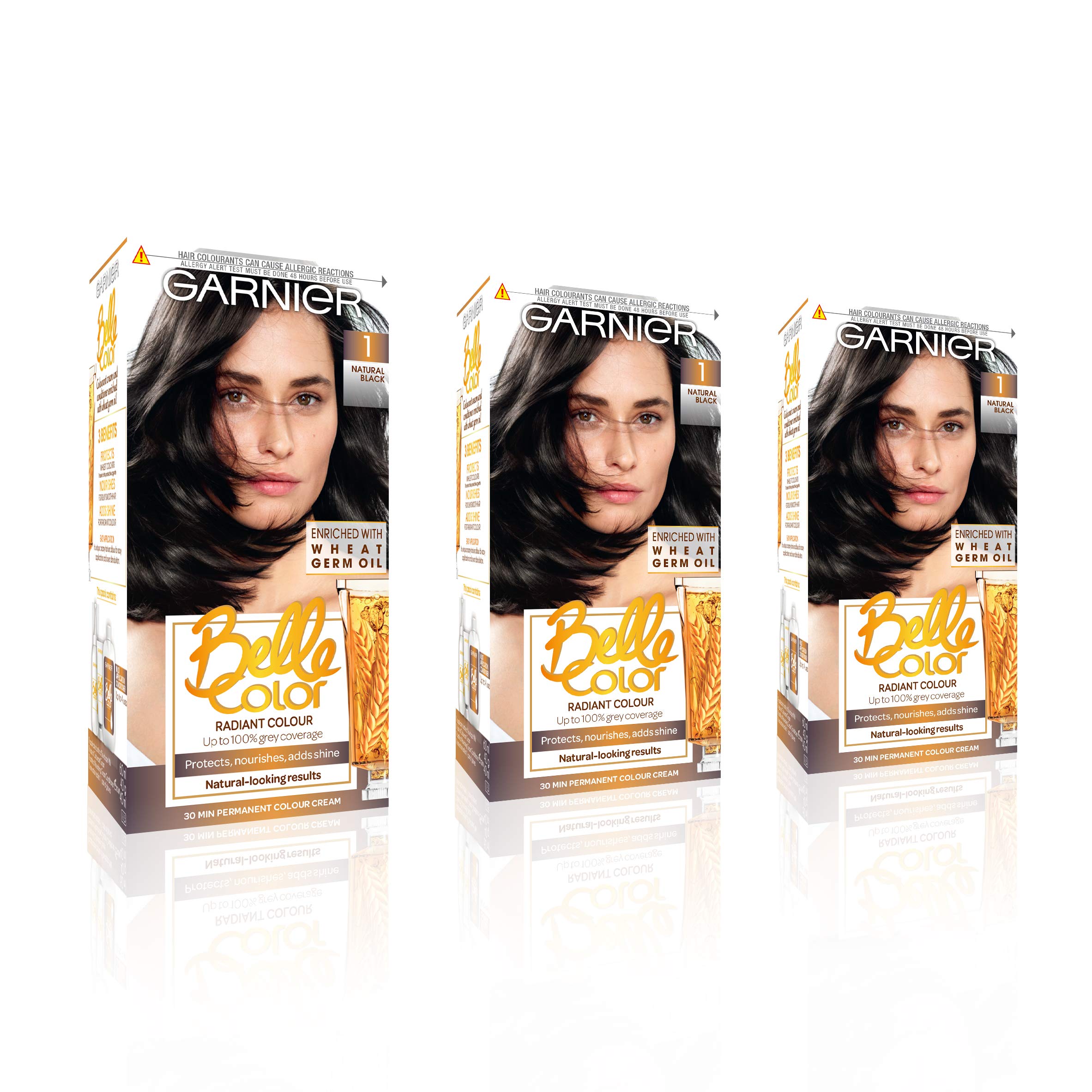 Garnier Belle Color Black Hair Dye Permanent, Natural looking Hair Colour, up to 100% grey coverage - 1 Black Pack of 3