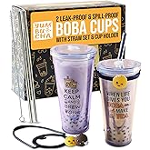 Yumbucha Reusable Boba Tumbler & Straw Set with Stainless Steel Straw - Reusable Bubble Tea Cups - Includes Cup Carrier, Sleeve & Boba Gifts - Gift for Boba Lovers & Tea Enthusiasts 2-Pack
