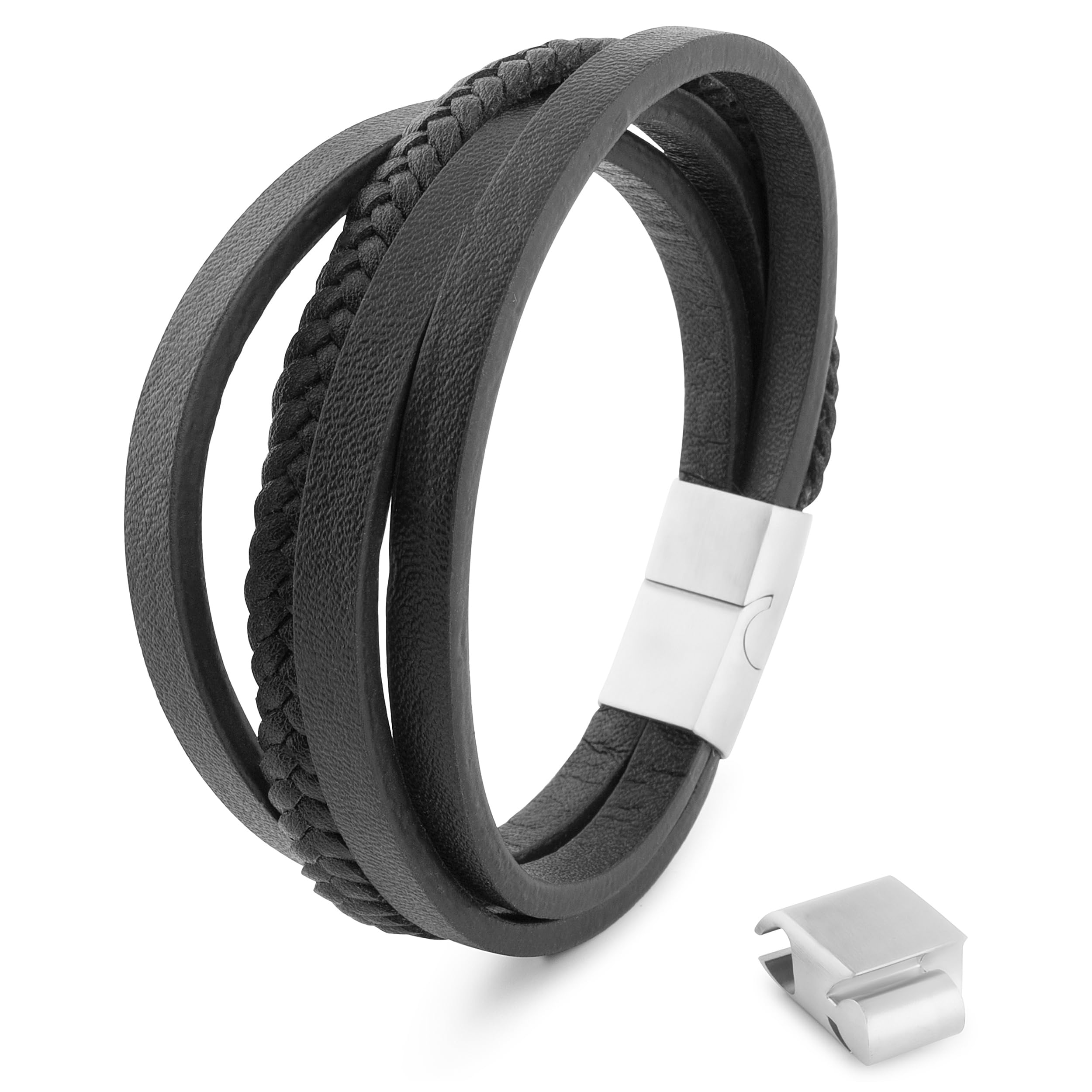 Akitsune Pathfinder Synthetic Leather Bracelet | Magnetic Clasp Stainless Steel - Braided Men Men Bracelet including beautiful jewelry box - Silver-Black - 21cm