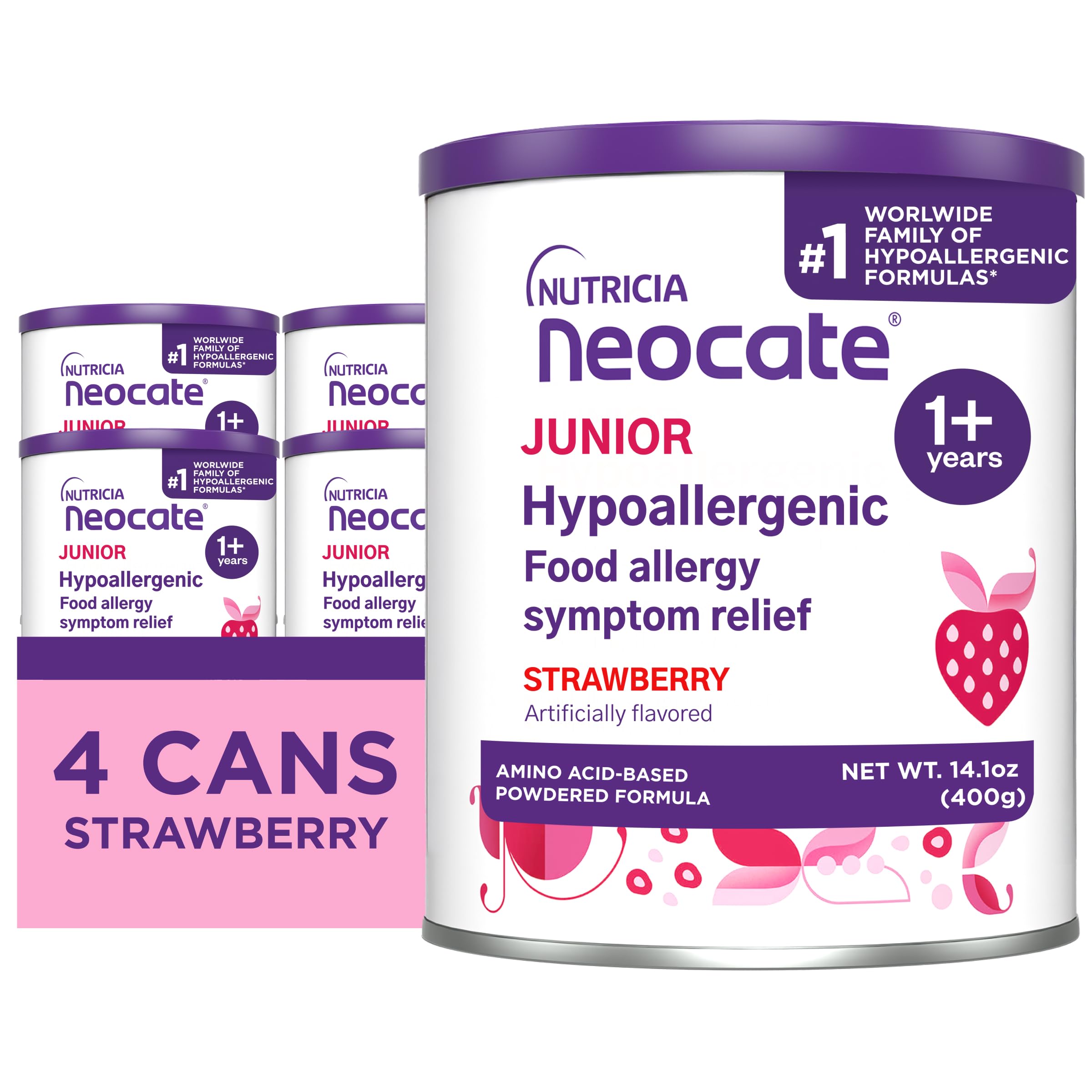 Nutricia Neocate Junior - Hypoallergenic, Dairy-free, Amino Acid-Based Formula for 1+ Years - For Toddlers, Kids & Teens - Powdered Formula - Strawberry - 14.1 oz can (Case of 4) Image