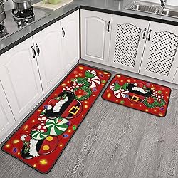 Christmas Kitchen Rugs Set of 2, Red Cartoon Mouse
