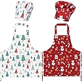 4Pcs Christmas Kids Apron and Chef Hat Set Gift for Child, Snowman Christmas Tree Candy Cane Pattern Adjustable Kitchen Aprons with 2 Pockets Waterproof Smock Hats for Baking Cooking Painting Training