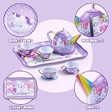 JOYIN Purple Unicorn Tea Set for Toddlers—Tin Teapot with Cups Plates Carry Case view 3