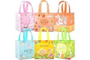 AhfuLife Easter Gift Bags with Handles, 6 Pcs Easter Egg Hunt Bags for Kids, Reusable Non-woven Easter Rabbit Bunny Bag for E