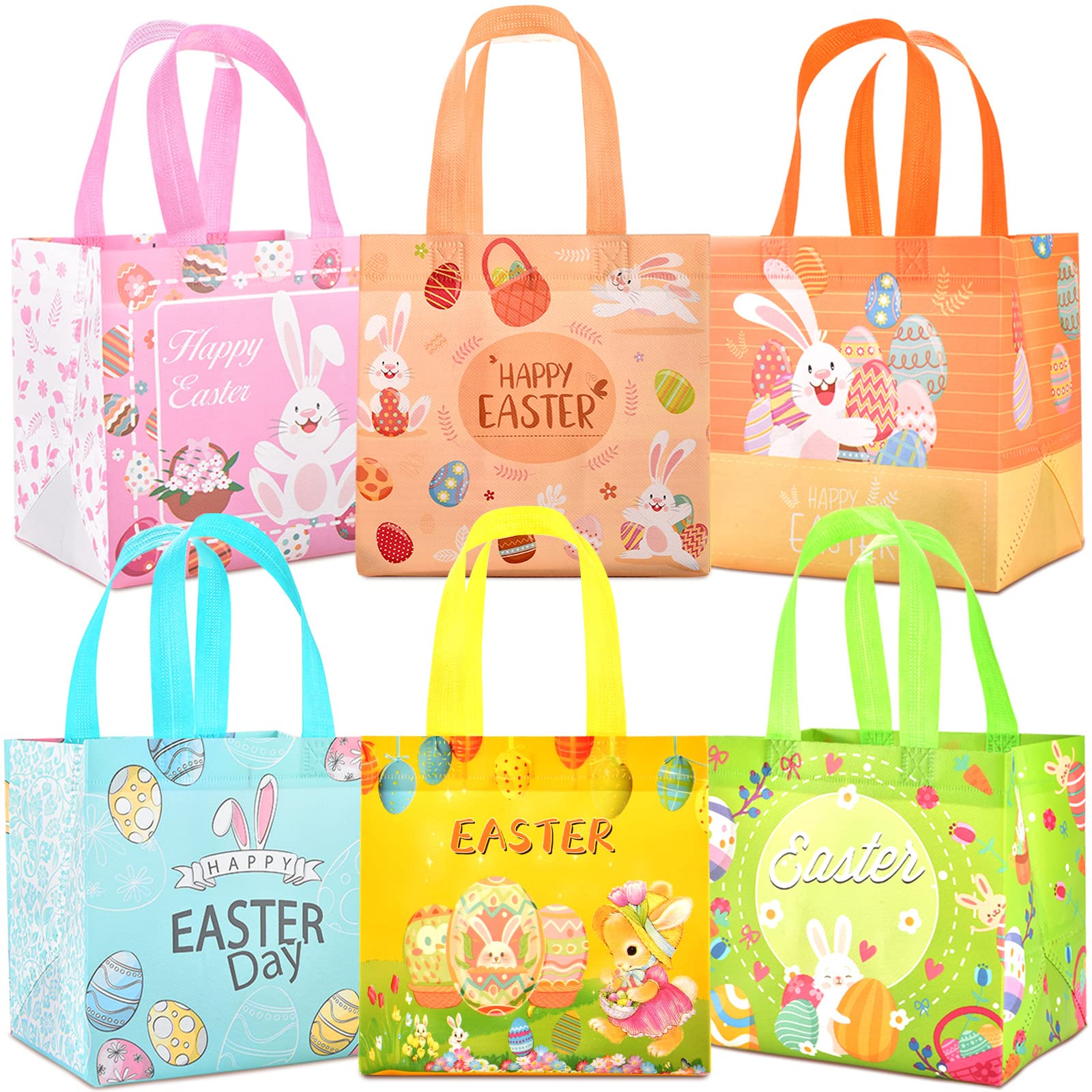 AhfuLife Easter Gift Bags for Kids, 6/12pcs Bunny Egg Tote Bags Reusable Non-Woven Bag with Handles for Kids Easter Egg Hunt Party Supplies