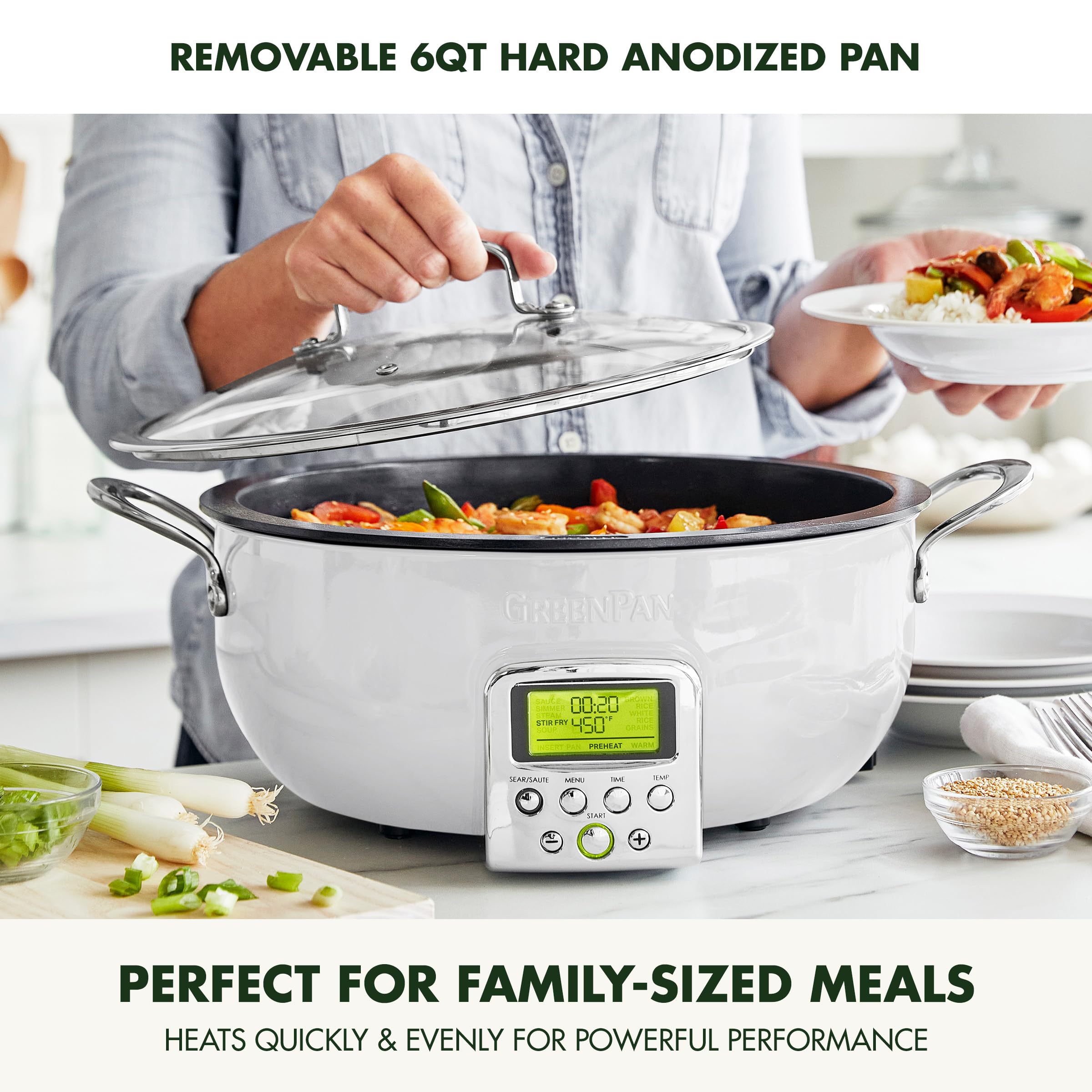 GreenPan Elite Essential Smart Electric 6QT Skillet Pot,Sear Saute Stir-Fry and Cook Rice, Healthy Ceramic Nonstick and Dishwasher Safe Parts, Easy-to-use LED Display, PFAS-Free, Cream White