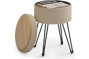 SONGMICS Vanity Stool Chair, Small Ottoman Stool with Storage, Vanity Chair, 39 Dia. x 44.1 cm, 4 Metal Legs, for Makeup Room