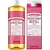 Dr. Bronner's Pure-Castile Magic Soap Liquid- Made with Regenerative Organic Certified Oils- For Body, Face, Hair, Dishes, Laundry, Vegan Bath Soaps for Men & Women, Non-GMO - Rose, 32oz + Refill