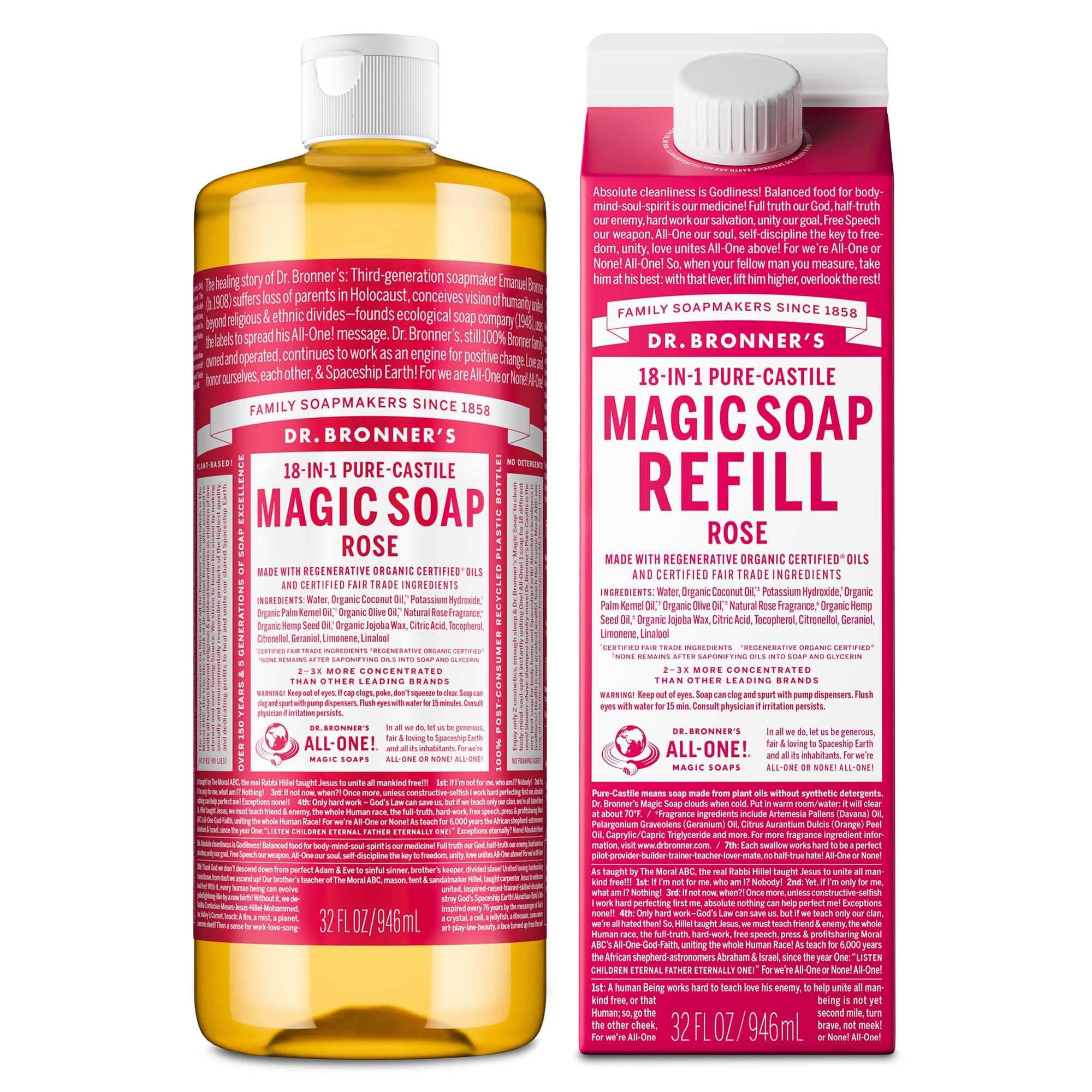 Dr. Bronner's Pure-Castile Liquid Magic Soap Bottle & Refill Carton - Made with Regenerative Organic Certified Oils- 18-in-1 Uses for Face, Body Wash, Hand Soap Refill- Baby Unscented, 32 oz